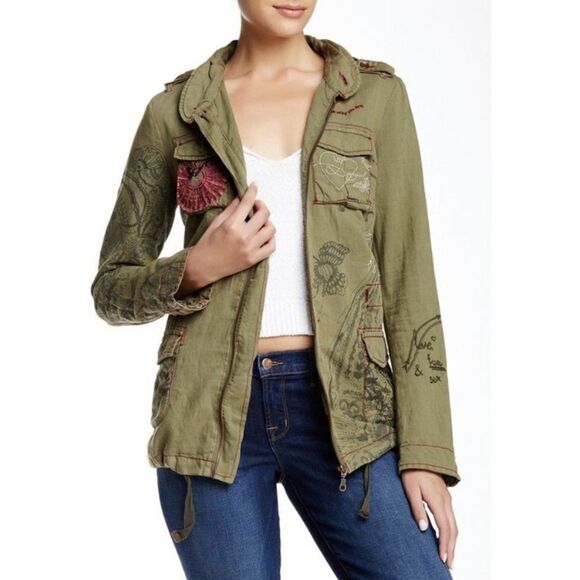Desigual Distressed Embroidered Hooded Jacket Linen Blend Utility Boho Military - Picture 1 of 14